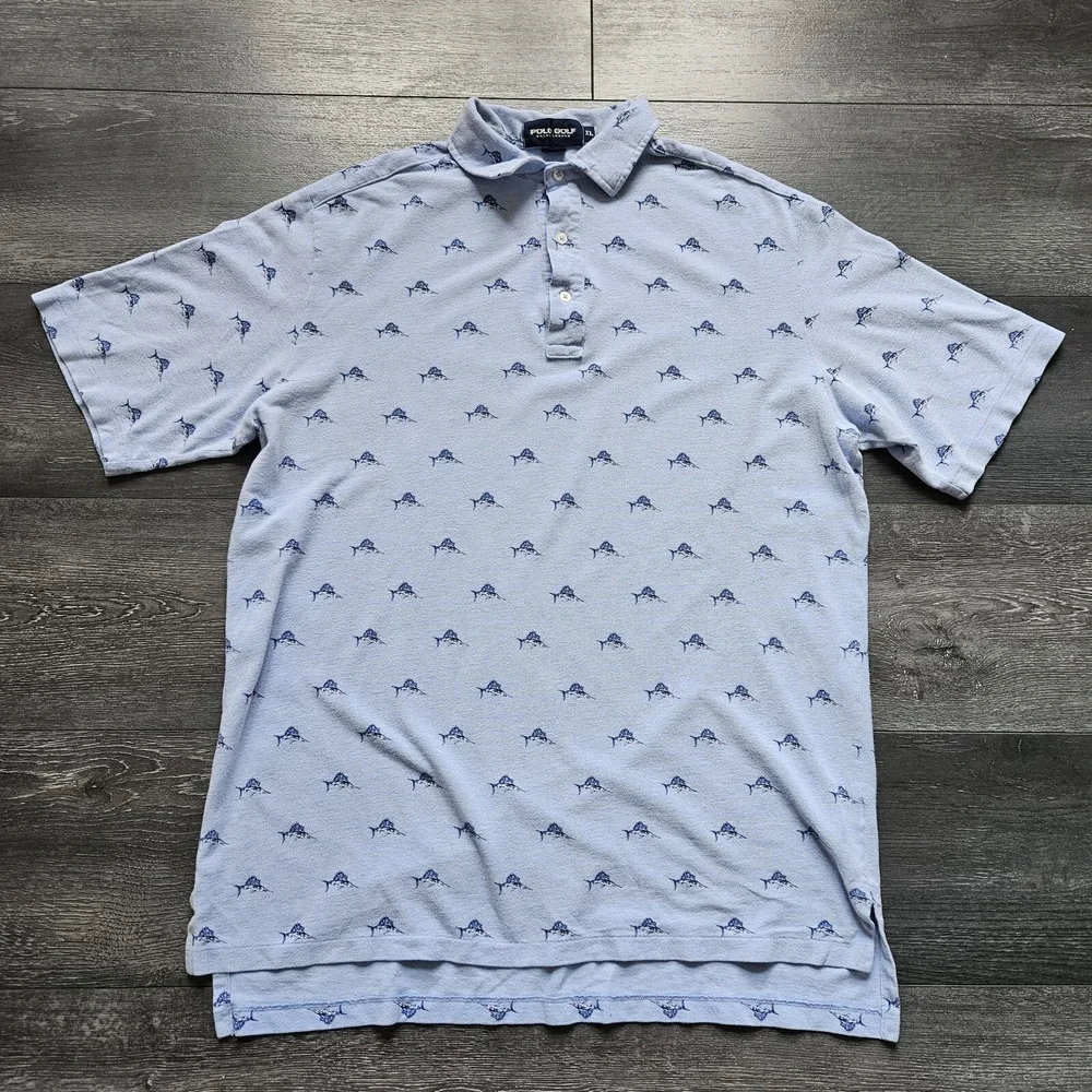 VTG Polo Golf Ralph Lauren Shirt Mens XL Blue Sailfish All Over Print Marina